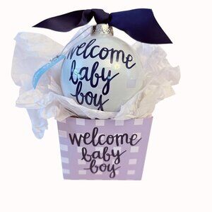 Coton Colors Welcome Baby Boy Glass Ornament Gingham Navy Ribbon Gift Box